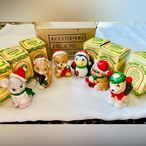 6 Vintage Porcelain bell ornament hand painted bisque collectable treasures